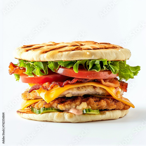 a sandwich, with a chicken cordon bleu, a burger, lettuce, tomato, cheddar, presentation, white background 