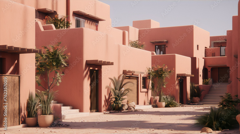 Fototapeta premium 3D rendering of a traditional middle eastern village with pink buildings and clay pots