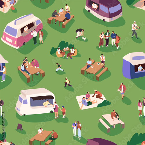 Repeating pattern of food trucks, picnic tables. Crowd of tiny people have fun, play, eating on summer festival. Holiday event, outdoor entertainment, recreation. Flat vector seamless illustration
