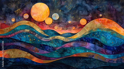 A watercolor painting portraying a cosmic ballet of planets and stars, inspired by the style of Gustav Klimt. Rich, vibrant hues of blue, gold, and purple dominate the scene. Facial expressions