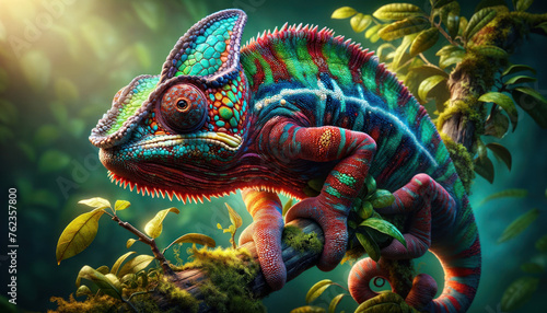 chameleon with highly textured and colorful skin. The chameleon is perched on a branch amidst lush foliage © Henry