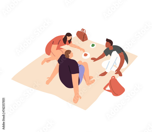 People have picnic at nature, eating food, snacks on blanket. Friends spend summer time on sand beach together. Happy family relax on outdoor at holidays. Flat isolated vector illustration on white