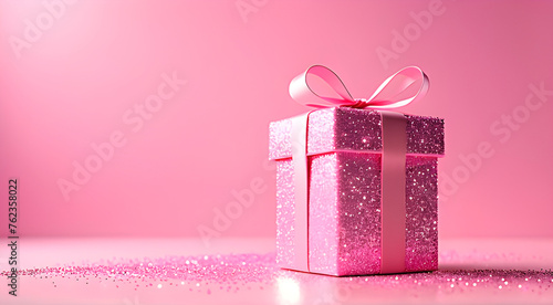 An elegant pink gift box with glitter on a pink background. Mockup. Copy space. photo