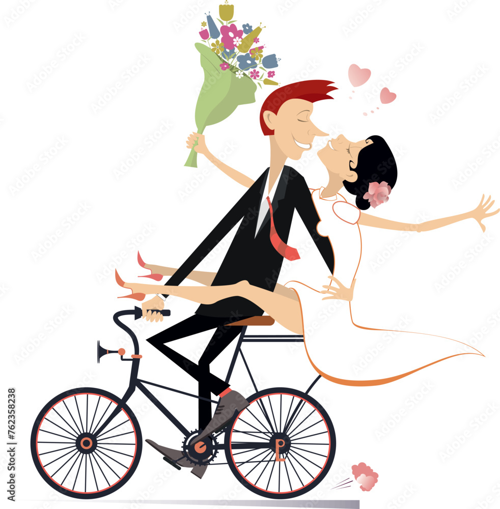 Happy married wedding couple rides a bicycle. 
Happy lovers characters. Happy bridegroom with a bride on the hand rides a bicycle. Isolated on white background
