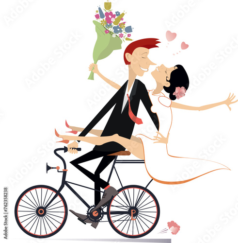 Happy married wedding couple rides a bicycle. Happy lovers characters. Happy bridegroom with a bride on the hand rides a bicycle. Isolated on white background 