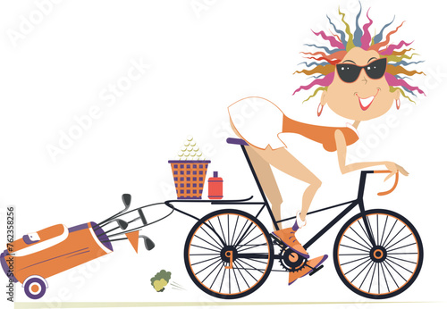 Young woman on the bicycle on the way to golf course. Cartoon cycling woman on the way to the golf course