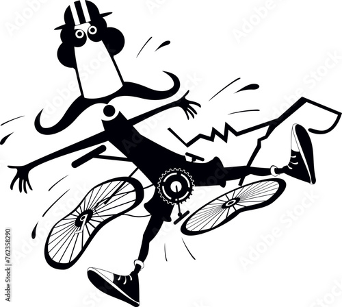 Cyclist man falling down from the bicycle. 
Cartoon long mustache cyclist man in helmet laying under the broken bicycle. Black and white illustration
