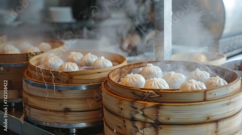 Steaming baozi dumplings in traditional bamboo steamers, a staple in Chinese cuisine, inviting a taste of authenticity and warmth.