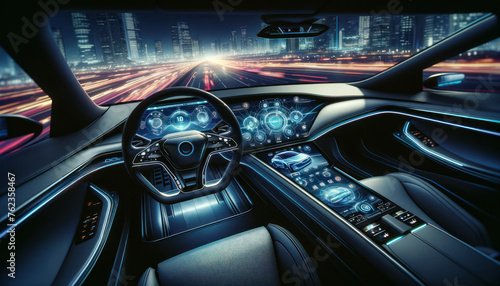 futuristic car interior design at night, featuring a sleek dashboard with ambient lighting, the steering wheel has an advanced ergonomic design © Henry