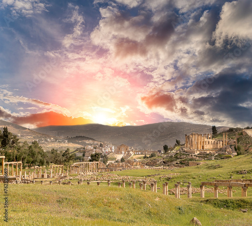 Roman ruins (against the background of a beautiful sky with clouds) in the Jordanian city of Jerash (Gerasa of Antiquity), capital and largest city of Jerash Governorate, Jordan #762358669