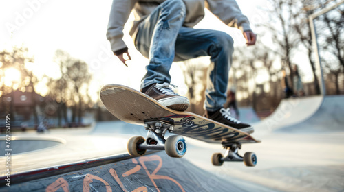 Skateboarder on a board in a skate park