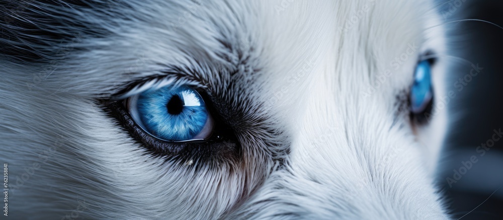 Macro photography reveals the mesmerizing electric blue eyes of a husky, showcasing intricate details like eyelashes and fur. A closeup look at this carnivorous dog breeds striking feature