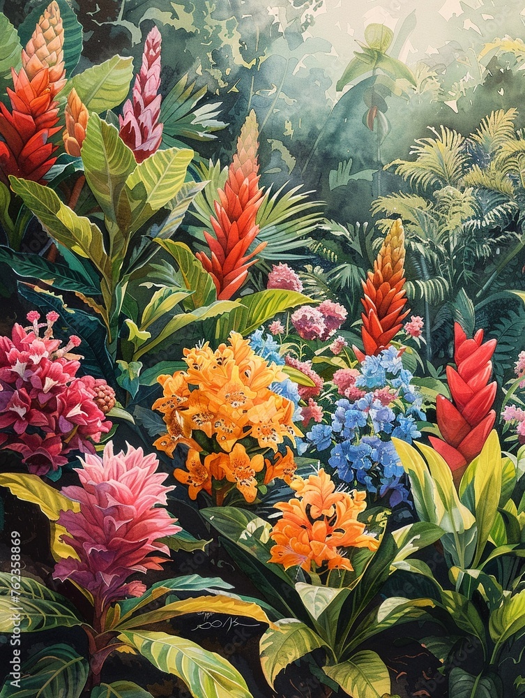 Obraz premium Colorful Tropical Blooms in Lush Rainforest Setting
