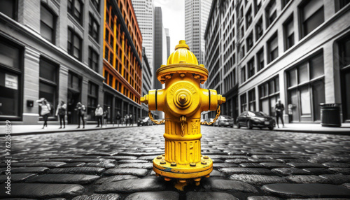 yellow fire hydrant centered on a cobblestone street with a selective color effect photo