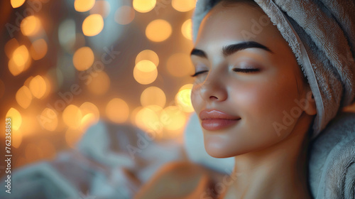Close up of a beautiful young woman relaxing on massage spa treatment on blurred bright salon background with copy space.