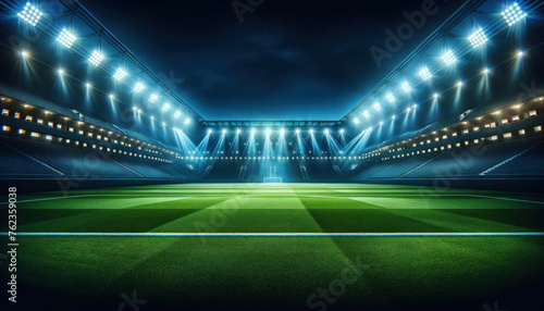 empty soccer stadium at night  with the grandstands illuminated by bright lights creating a vivid glow against