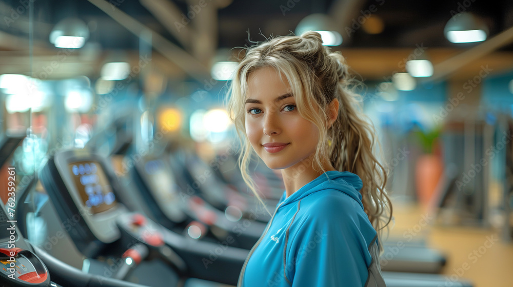 Happy confident overweight woman in blue fitness clothes on trainer treadmill in gym, close up, copy space, concept of healthy lifestyle, losing weight, work out in gym. Happy confident overweight woman in blue fitness clothes on trainer treadmill in gym, close up, copy space, concept of healthy lifestyle, losing weight, work out in gym.