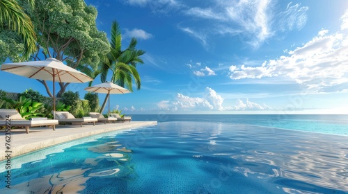 An inviting infinity pool at a luxurious tropical resort with white sun loungers and umbrellas overlooking a calm ocean.