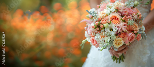 bride holding a bouquet of flowers in a rustic style, wedding bouquet, copy space.
