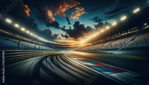 empty race track at twilight with the grandstand on the side, ready for a high-speed motorsport event. © Henry