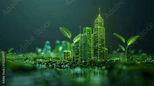 Neon ribbon over city silhouette with sprout, low poly wireframe on green. City greening, landscape tech, plexus lines, minimalist