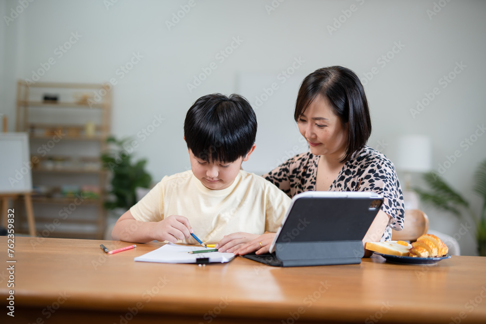 Mother and child happily do activities at home. Mother and child happily do activities at home.