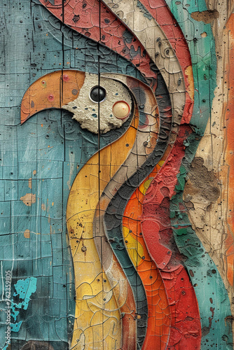 abstract boho style wall art with rainbow and parrot, earth tones