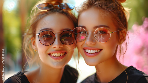 Happy beautiful women apply lipstick undergo beauty procedures stand next to each other dressed in black t shirts isolated over pink background.