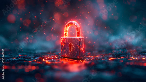 An illuminated neon padlock symbolizing cybersecurity stands out against a bokeh digital backdrop with red highlights, evoking a sense of digital security