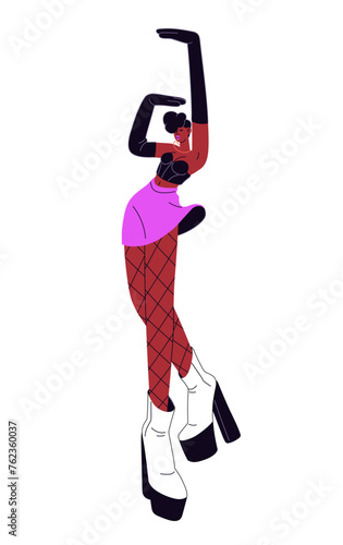 Professional vogue dancer moves hands to music. Talented performer dances in modern show. Young woman performs in concert. Contemporary motions. Flat isolated vector illustration on white background