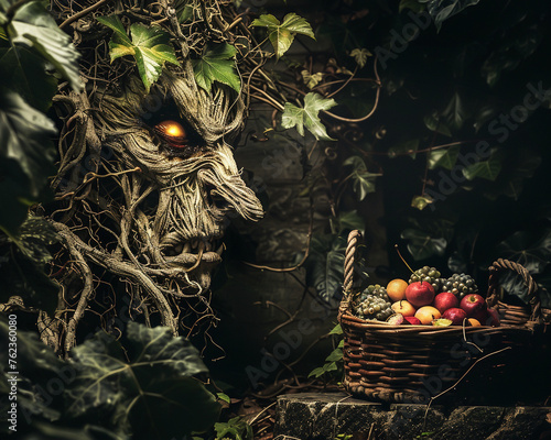 In a shadowy garden a creature made of vines and roots sneers at a basket of fruits photo