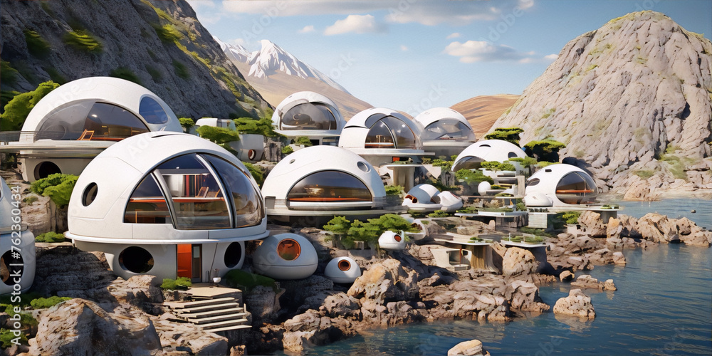 Futuristic utopian coastal community of geodesic dome homes rendered in 3D. - obrazy, fototapety, plakaty 
