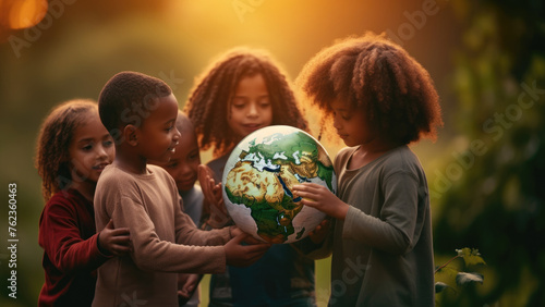 Children from Africa embracing and cradling the Earth, symbolizing unity and care for the planet