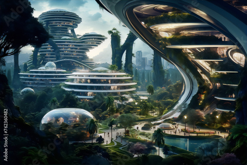 Futuristic city concept art with lush vegetation and advanced architecture.