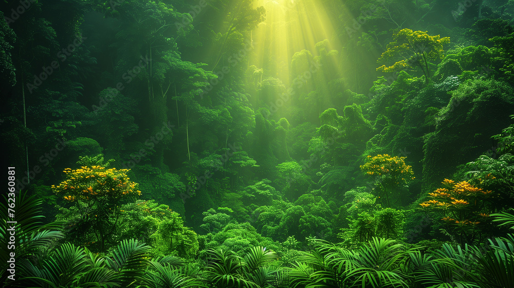 Fototapeta premium Deep tropical jungles of Southeast Asia, green trees tunnel extra wide background banner.