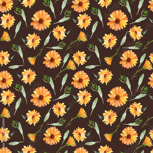 Seamless botanical pattern of yellow calendula flowers  isolated yellow flowers on a black background botanical watercolor illustration.