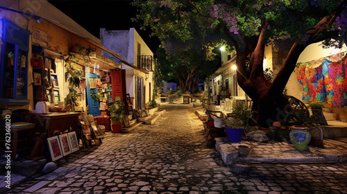 Cobblestone alley with colorful houses and shops at night