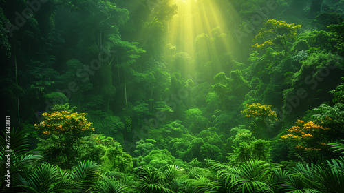 Deep tropical jungles of Southeast Asia, green trees tunnel extra wide background banner. © aekkorn