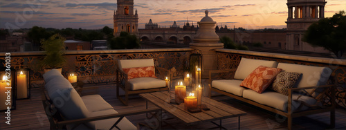 3d rendering of a rooftop terrace with a view of the city at sunset in a realistic style with muted colors