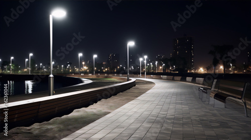 City park with a lake and a walking path at night  illuminated by modern led street lights.