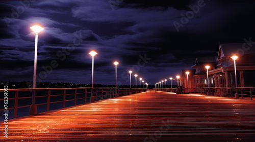 A wooden pier at night with a stormy sky and distant lights. © AaliAmin