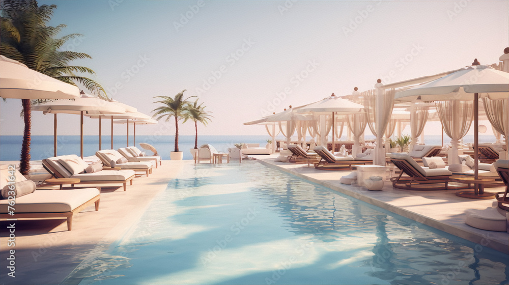 Fototapeta premium 3D rendering of a luxury resort with a pool, sun loungers, and palm trees.