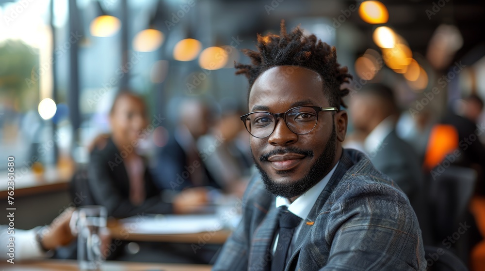 Confident African-American boss working with a diverse team at an office briefing Confident African-American boss working with a diverse team at an office briefing