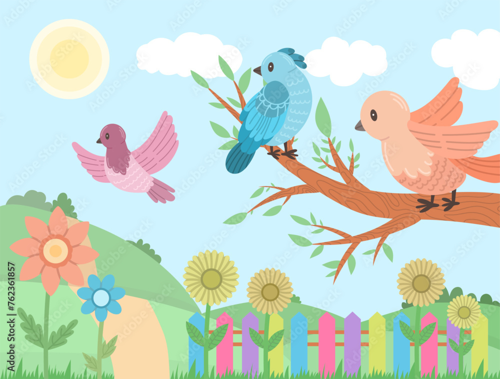 Birds modern flat illustration on a summer or spring landscape. Vector