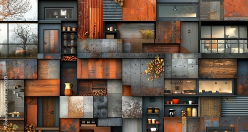 Industrial Mosaic Wall, Rust and Wood Textures, Urban Abstract collage