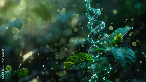
Plant sprout biotech: seedling with DNA strands, genome engineering, vitamin supplement in low poly mesh, dark green background