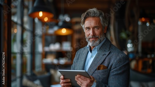 Happy Smiling middle aged business man ceo wearing suit standing in office using digital tablet and looking away