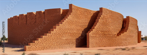 Earthen vernacular stacked brick structure with parametric openings in the desert photo