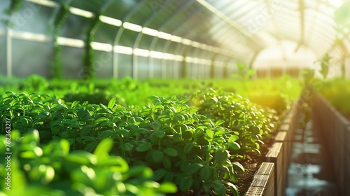 A modern greenhouse horticulture concept showcasing effective plant growing techniques with rows of healthy green sprouts under controlled conditions.