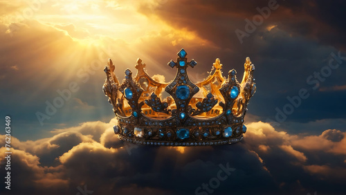 Golden crowns in spotlight, sunset sky
